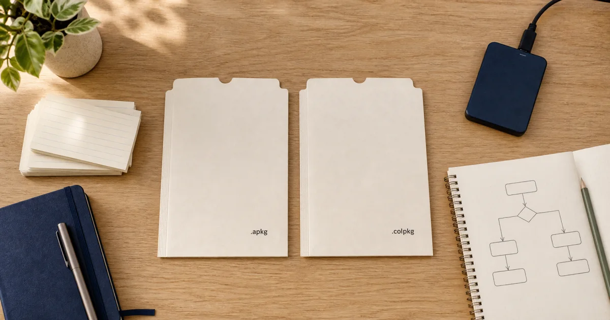 차분한 학습 책상 위에 놓인 APKG와 COLPKG 라벨의 두 내보내기 폴더